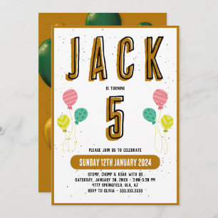 Boys Cute Modern Gold Theme Kids 5th Birthday Part Invitation