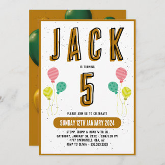 Boys Cute Modern Gold Theme Kids 5th Birthday Part Invitation