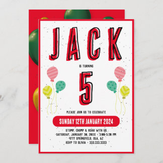 Boys Cute Modern Red Theme Kids 5th Birthday Invitation