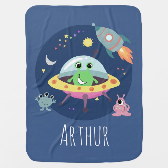 Boys Cute Modern Space Alien Cartoon & Name Baby Blanket