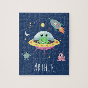 Boys Cute Modern Space Alien Cartoon & Name Kids Jigsaw Puzzle