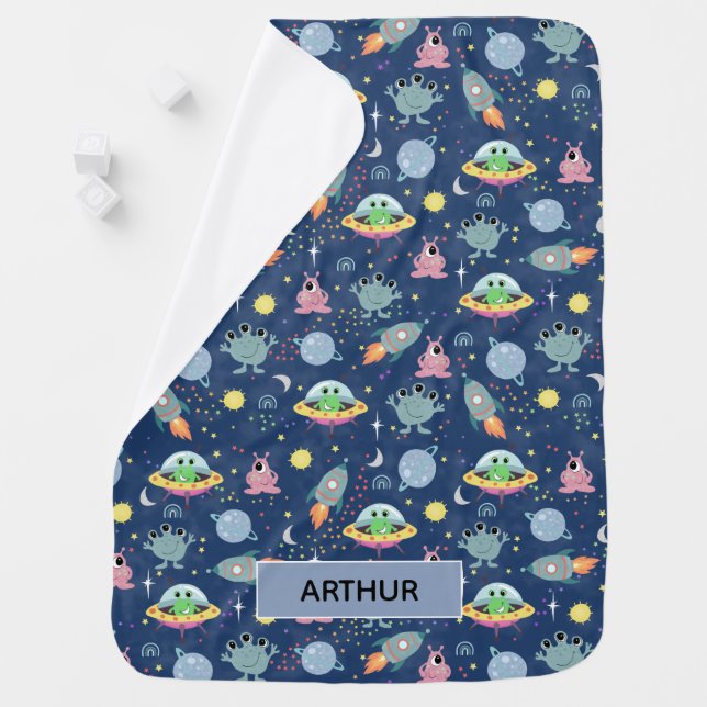 Boys Cute Modern Space Alien Cartoon Pattern Name Baby Blanket (In Situ)