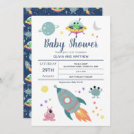 Boys Cute Modern Space Alien Rocket Baby Shower Invitation