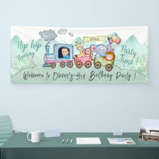 Boys Cute Modern Train Change Name Photo party Banner
