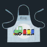 Boys Cute Modern Train & Name Kids Apron<br><div class="desc">This cute and modern blue kids kitchen or garden apron design features a colorful train cartoon,  and can be personalized with your boys name in gorgeous typography. The perfect locomotive transport-themed gift for your toddler or child.</div>