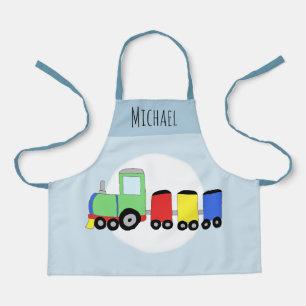 Boys Cute Modern Train & Name Kids Apron