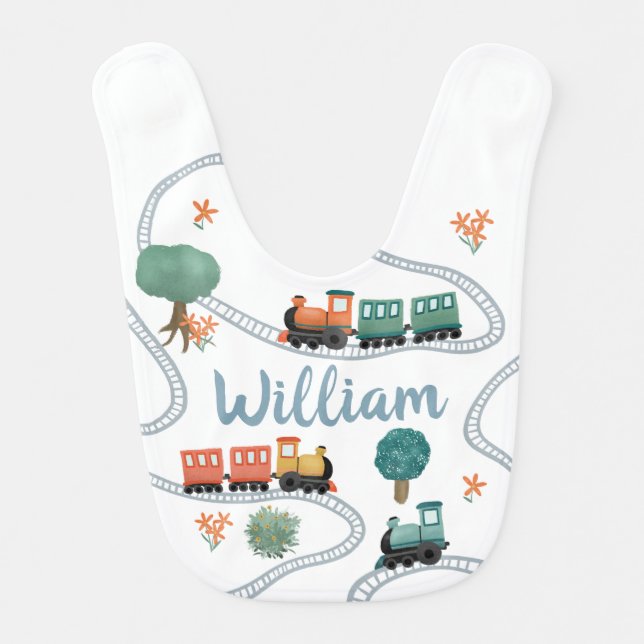Boys Cute Modern Train Track Travel Baby Bib (Front)