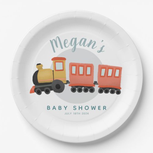 Boys Cute Modern Train Travel Baby Shower Paper Plates