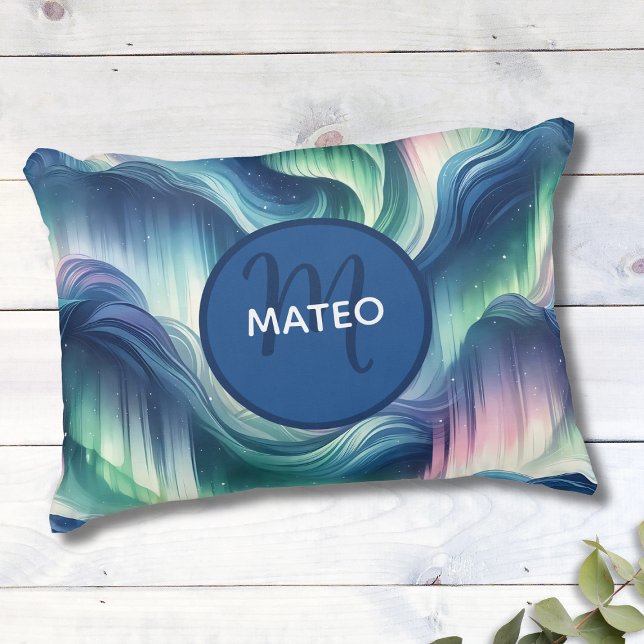 Boys Cute Monogram, Northern Lights Galaxy, Kids Accent Pillow (Creator Uploaded)