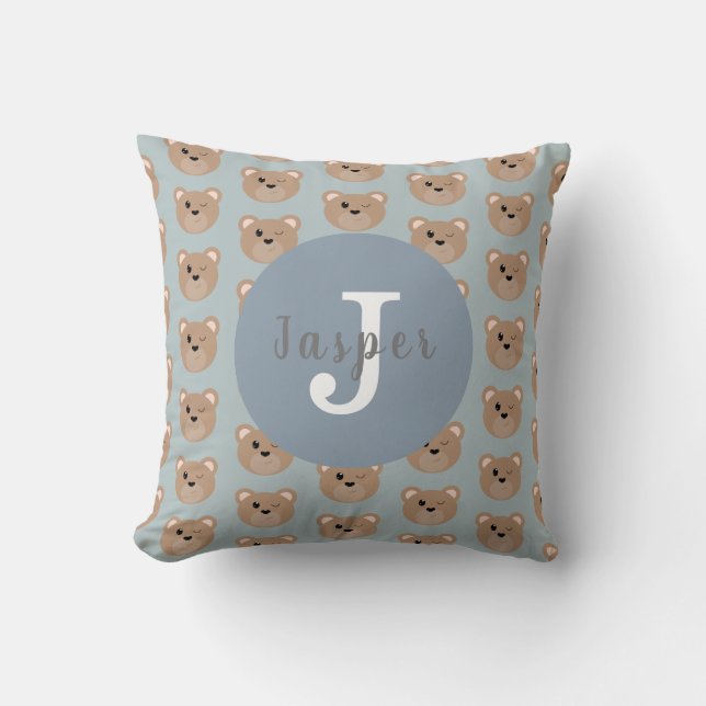 Boys Cute Monogrammed Kids Teddy Bear Pattern Throw Pillow (Front)