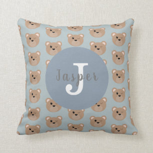 Boys Cute Monogrammed Kids Teddy Bear Pattern Throw Pillow