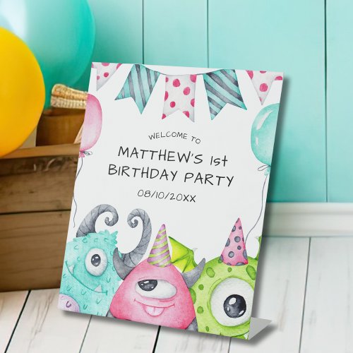 Boys Cute Monster Birthday Welcome  Pedestal Sign