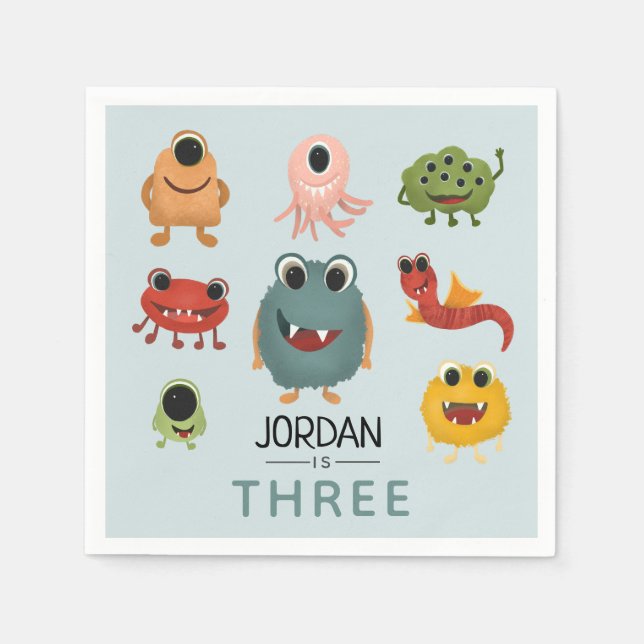 Boys Cute Monster Kids Birthday Party Napkins (Front)