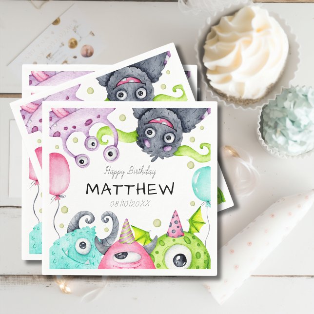 Boy's Cute Monsters Happy Birthday Party Napkins (Creator Uploaded)