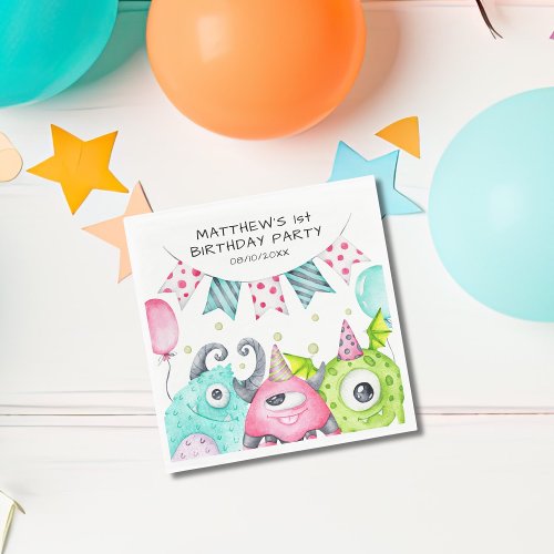 Boys Cute Monsters Personalized Birthday Party Napkins