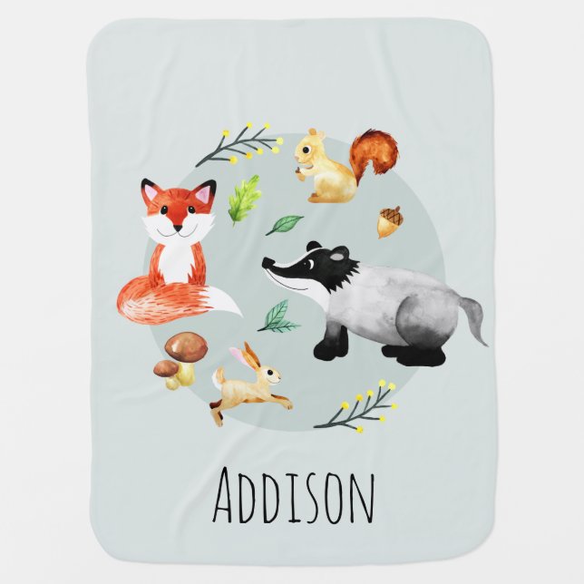 Boys Cute Neutral Woodland Forest Animals Name Baby Blanket (Front)
