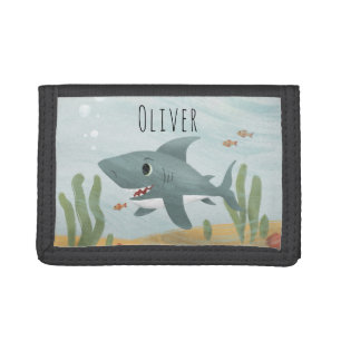 Boy's Cute Ocean Shark and Name Kids Tri-fold Wallet