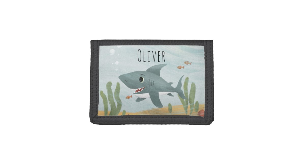 Boy's Cute Ocean Shark and Name Kids Trifold Wallet | Zazzle