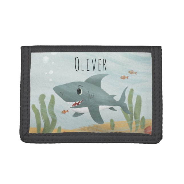 Boy's Cute Ocean Shark and Name Kids Trifold Wallet (Front)