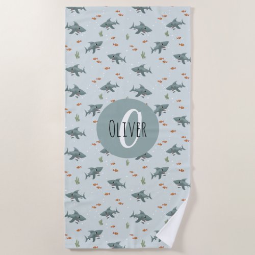 Boys Cute Ocean Shark Monogram Kids Beach Towel