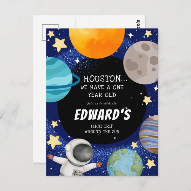Boy's Cute Outer Space 1st Birthday Invitation Postcard (Front/Back)