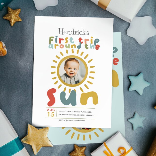 Boys Cute Photo First Trip Around The Sun Birthday Invitation (Creator Uploaded)
