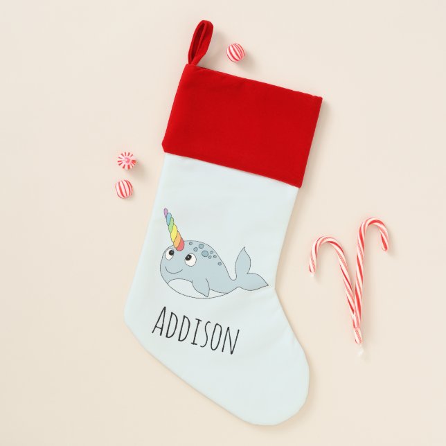 Boys Cute Rainbow Narwhal Cartoon and Name Kids Christmas Stocking (Front)