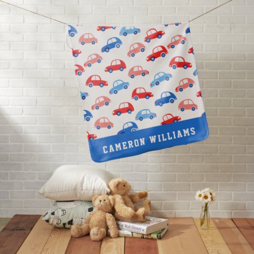 Boys Cute Red and Blue Cars Pattern and Name Baby Blanket