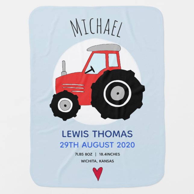 Boys Cute Red Farm Tractor and Name Birth Stats Baby Blanket (Front)