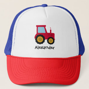 Boys Cute Red Farm Tractor and Name Kids Trucker Hat