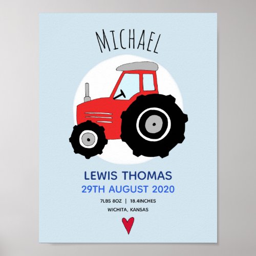 Boys Cute Red Farm Tractor Baby Nursery Poster