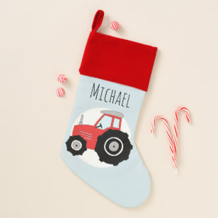 Boys Cute Red Farm Tractor Doodle with Name Christmas Stocking