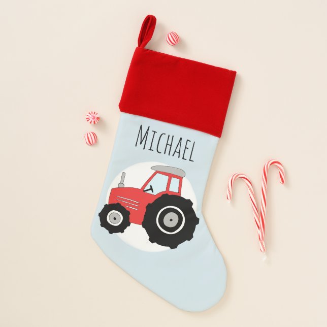 Boys Cute Red Farm Tractor Doodle with Name Christmas Stocking (Front)