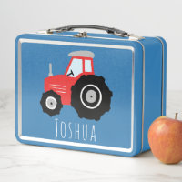 Boys Cute Red Farm Tractor Kids Metal Lunch Box