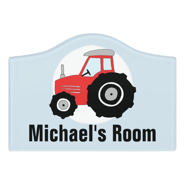 Boys Cute Red Farm Tractor & Name Kids Door Sign (Small Crest Front)