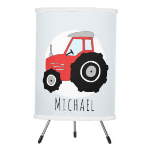 Boys Cute Red Farm Tractor with Name Kids Tripod Lamp