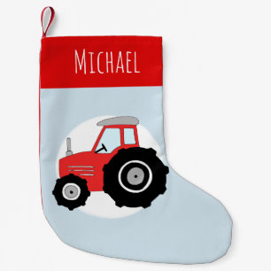 Boys Cute Red Tractor Doodle and Name Small Christmas Stocking