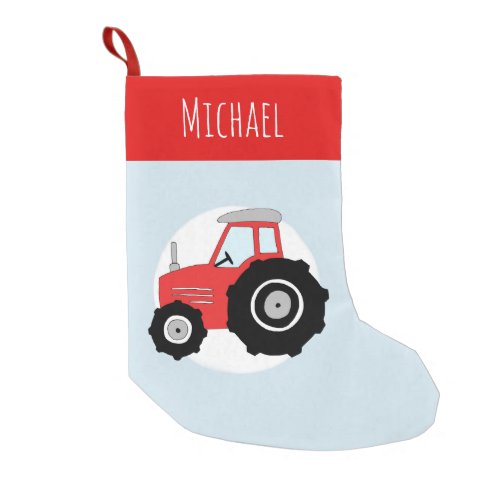 Boys Cute Red Tractor Doodle and Name Small Christmas Stocking