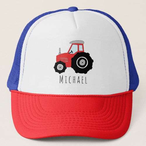 Boys Cute Red Tractor Farm and Name Kids Trucker Hat