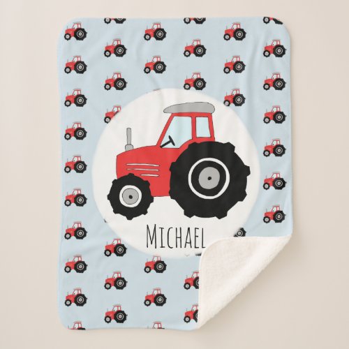 Boys Cute Red Tractor Pattern with Name Kids Sherpa Blanket