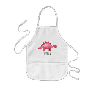 Boys Cute Red Watercolor Dinosaur and Name Kids' Apron