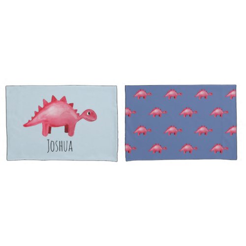 Boys Cute Red Watercolor Dinosaur and Name Kids Pillow Case