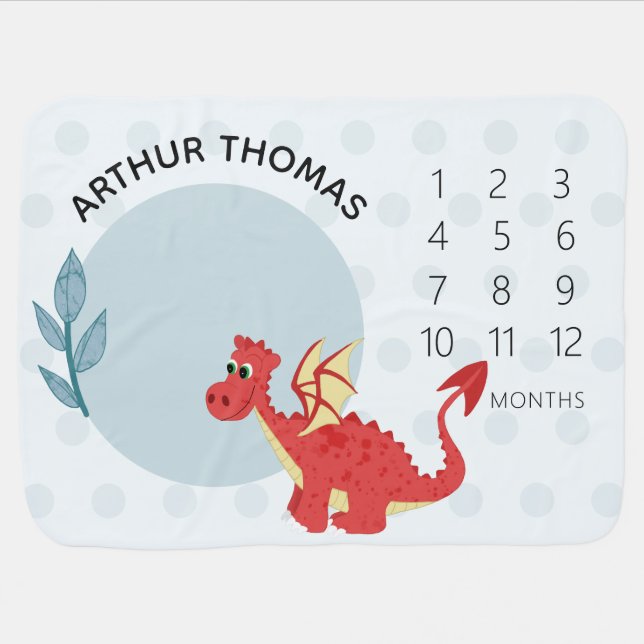 Boys Cute Red Welsh Dragon and Name Milestone Baby Blanket (Horizontal)