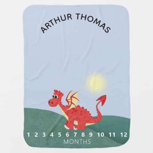 Boys Cute Red Welsh Dragon and Name Milestone Baby Blanket