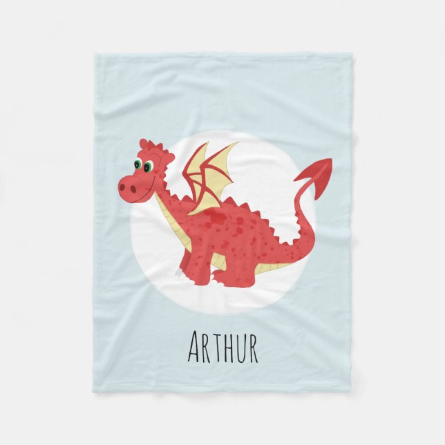 Boys Cute Red Welsh Dragon Cartoon with Name Kids Fleece Blanket (Front)