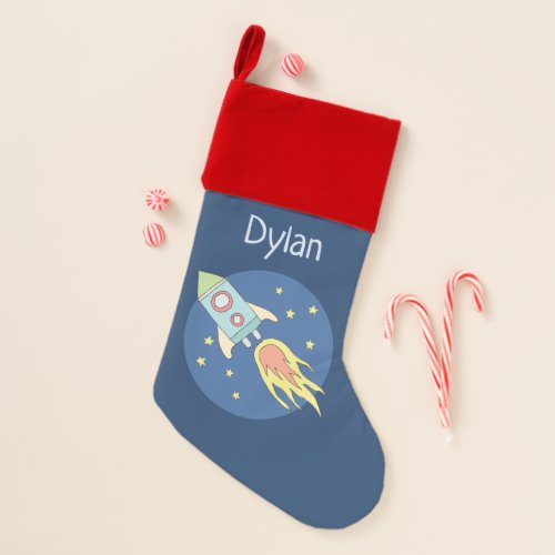 Boys Cute Rocket Ship Space Doodle and Name Christmas Stocking