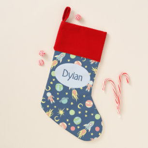 Boys Cute Rocket Ship Space Doodle Pattern & Name Christmas Stocking