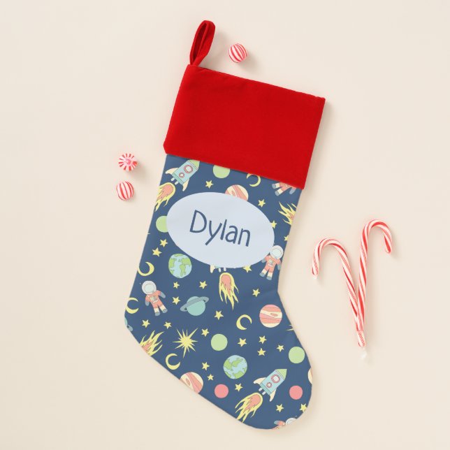 Boys Cute Rocket Ship Space Doodle Pattern & Name Christmas Stocking (Front)