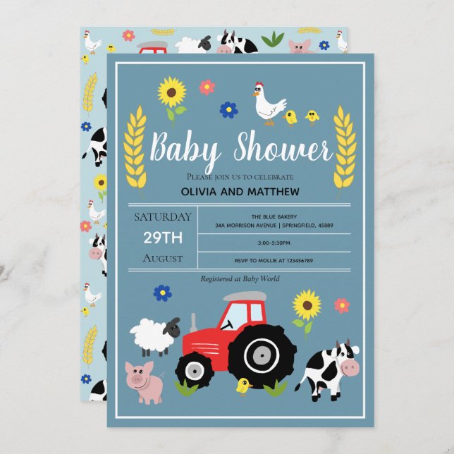 Boys Cute Rustic Country Farm Tractor Baby Shower Invitation (Front/Back)