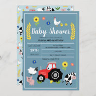 Boys Cute Rustic Country Farm Tractor Baby Shower Invitation